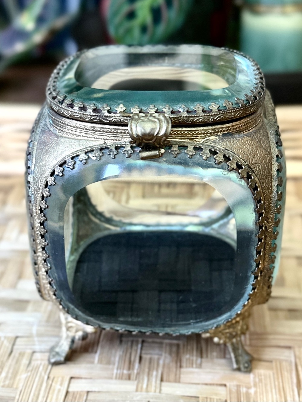 Vintage French Style Beveled Glass Ormolu Brass Footed Jewelry Casket Trinket Bo